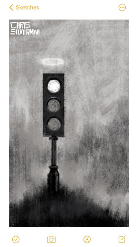 A traffic light out in the middle of nowhere, mounted on a small hill. In the background is the blurry suggestion of a mountain and a cloudy sky. Hovering above the traffic light, which is red, is a blurry halo. This is a monochrome drawing that looks like it was rendered in charcoal.