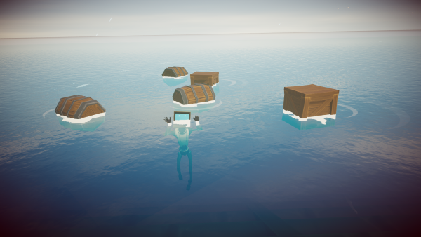 A robot avatar is nearly submerged in a lake, with a few floating crates around him.