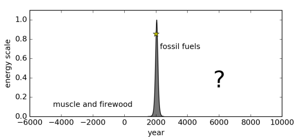 A chart of energy scale (Y axis) over time (X axis). A steep spike starts during the Industrial Revolution, peaks around 2050 and then goes down in a similar fashion.

The spike is labeled "fossil fuels", time before it "muscle and firewood". Time after is labeled with a big question mark.