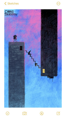 Two tall, thin skyscrapers. The one on the left rises up from the ground. The one on the right seems to be dangling down out of the sky, upside-down. Both have only one window at the very top. Below, the sky is blue; above, and to the right, the sky is the pink of sunrise or sunset. The window in the left building is dark; the window in the right building is glowing yellow. A thin staircase connects the two, extending downwards from the left building. On the left, a person sits at the top of the staircase. On the right, a cat is also sitting at the top of the staircase, but upside down, on the underside of the staircase, as though gravity is inverted.
