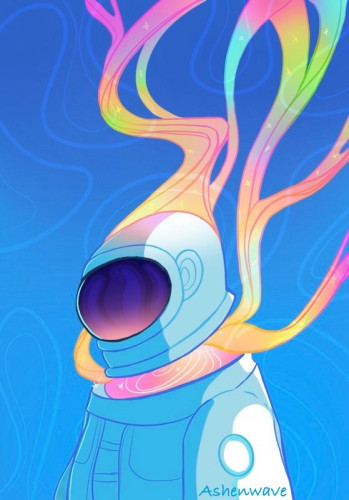 Digital illustration of an astronaut full of colorful energy that escapes upwards from the spacesuit in vibrant ribbons of light.