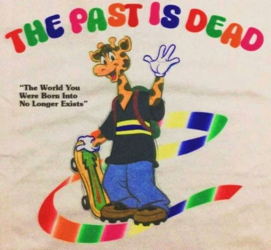 Still image. Geoffrey the giraffe [sp?], a cartoon mascot for the now-defunct toy store 'toys r us', a humanoid giraffe holding a skateboard, wearing a backpack, vneck, and jeans, surrounded by a rainbow ribbon. 

Top text, in multiple colors and bubble letters, reads: THE PAST IS DEAD
Text to the left of character, smaller: "The World You Were Born Into No Longer Exists"