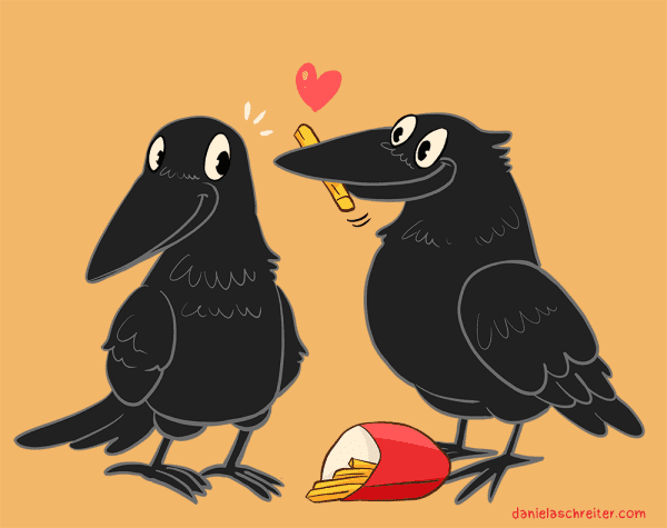 Comic illustrartion: Two crows are looking at each other,  a bag of french fries lies between them. The crow on the right side offers the left crow a french frie, a ittle heart is above theit head. The left crow is smiling. 