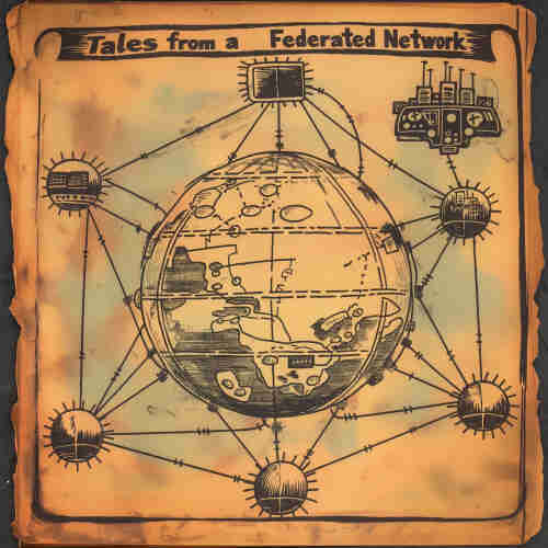 An aged, sepia-toned document with a detailed illustration that has a retro-futuristic vibe. Titled “Tales from a Federated Network,” the artwork shows a central globe or planet with various satellite-like structures connected by beams or lines, suggesting a network or system in space. The design elements and the aged look of the paper give it an air of vintage science fiction, reminiscent of early speculative illustrations about space exploration and advanced technology networks.