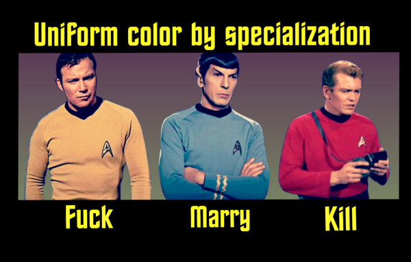 Text "uniform color by specialization" in the middle is Kirk, Spock, and a redshirt who are labeled "fuck" "marry" and "kill" respectively 