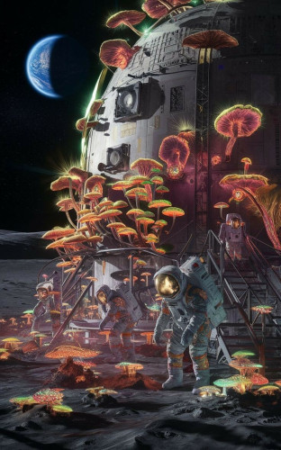 « Generated by ideogramai »
(Photo showing the exterior of the lunar development base with Earth in the background) The surface of the base is covered with unique mushrooms that glow in a variety of colors. These otherworldly fungi have evolved to thrive in the lunar environment, and some of them glow brightly while others display intricate patterns and vibrant colors. The mushrooms not only protect the station from radiation, but also prevent metal from deteriorating. People can be seen working around the base wearing space suits covered in mushrooms.