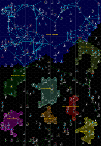 Traveller Sector Map

Foreven Sector

Major polities, from top to bottom. 

Zhodani Consulate
Akaiya Zhatanoe (Vargr)
Three Hundred Jumps (K’Kree)
Dolphin Khanate (Aquatic Uplifts)
Hillcrest Autonomous Zone (Transhuman)
Victory’s Debt (Hiver)
Meitner Alliance (Terrestrial Uplifts)
Young Suns (Aslan)
