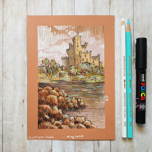 Original drawing - Dunvegan Castle, Isle of Skye, Scotland
Materials: colour pencil, mixed media, acid free terracotta coloured pastel paper
Width: 5 inches
Height: 7 inches
A colour drawing of Dunvegan Castle on the Isle of Skye in warm tones.