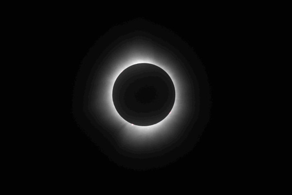 Black sky, white solar corona, black disc blocking the sun itself.