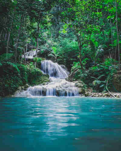 Photo of a scenery in the woods with bright light blue water in the foreground, and a lot of green trees and other green foliage in the background, with al little white waterfall streaming down. 