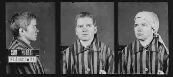 A mugshot registration photograph from Auschwitz. A woman wearing a striped uniform photographed in three positions (profile and front with a bare head and a photo with a slightly turned head with a headscarf on). The prisoner number is visible on a marking board on the left.