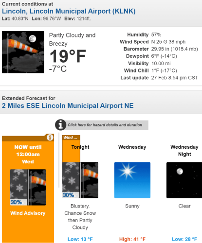 Screenshot of weather conditions in Lincoln, Nebraska.