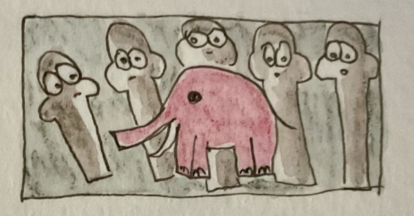 Cartoon of five figures surrounding and staring at a pink elephant.