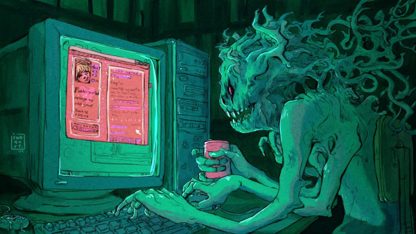 A creature with four arms and branch like appendages that protude from the back of their head and shoulders sits in front of an early 2000s computer checking their very pink and cute myspace profile.