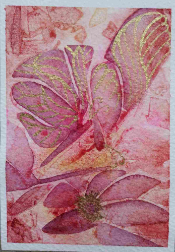 Watercolour all in pink with some gold embellishment to highlight two butterflies and flowers.