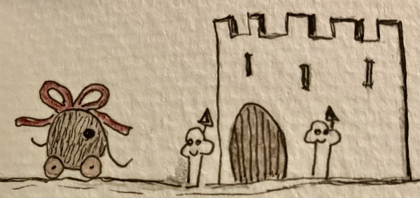 A simple hand-drawn illustration featuring a man-sized wooden elephant with wheels and a red bow near a castle with two smiling characters, that are supposed to be watchmen.