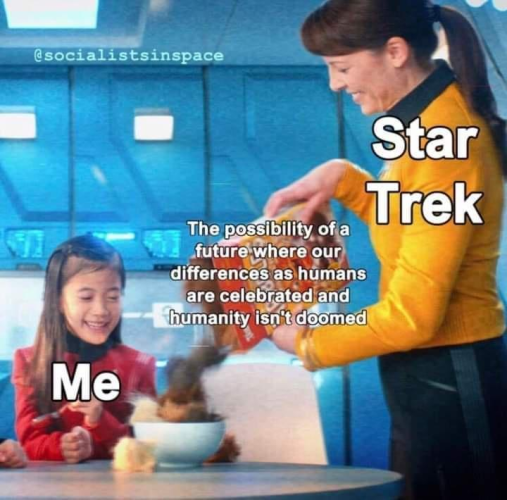 Meme: "Star Trek" pouring out a ton of treats labeled "the possibility of a future where our differences as humans are celebrated and humanity isn't doomed" for a giddy child "me"