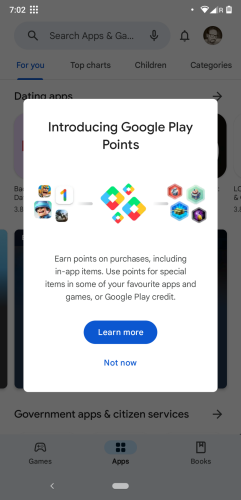 Screenshot of Google Play Store with a large popup blocking access to introduce "play points" with only two buttons "learn more" and "not now".