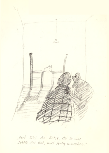 drawing by F.K. Waechter: one person touching another by the shoulder and whispering to them: "There sits the cat who has such a subtle way of wearing me out". They are looking at a pair of chairs standing close together, facing each other. The cat in question is wedged between the two chairs, hovering in the air between them. It's just sitting there, looking. 
