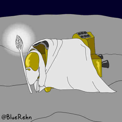 Art work of the SLIM spacecraft on the Moon, with a white clock, white beard and staff!