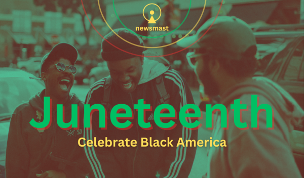 Three people share a laugh on a city street with "Juneteenth: Celebrate Black America" text overlay and a Newsmast logo at the top.