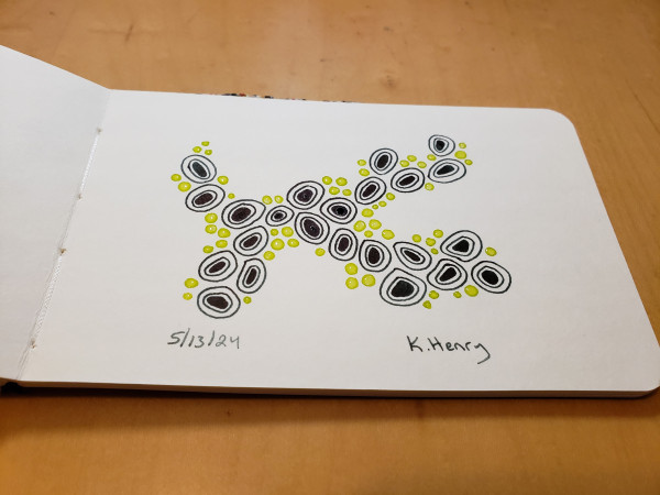 Hand drawn generative/iterative art in ink on an open page of my sketchbook. The abstract pattern is inspired by lichen, and is difficult to describe.