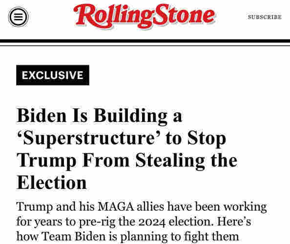 Headline Biden Is Building a ‘Superstructure’ to Stop Trump From Stealing the Election
Trump and his MAGA allies have been working for years to pre-rig the 2024 election. Here’s how Team Biden is planning to fight them

I’m hoping this began as soon as he took office because fake collectors are still walking free as well as Trump; sure seems like there has been no additional guard rails