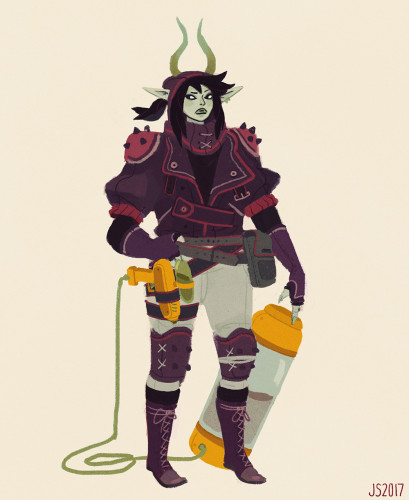 Concept art of a demon lady with green horns, purple jacket and boots, and khaki coloured pants. A yellow squirt gun looking weapon is holstered at her hip, connected to a tank holding liquid.