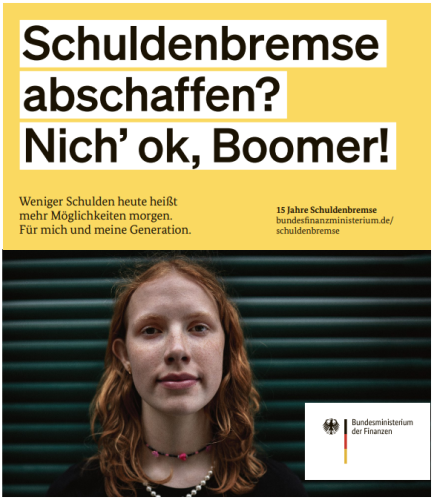 Screenshot der Anzeige des BMF in der FAZ. Zu sehen ist eine junge Frau mit roten, langen Haaren. Darüber der Slogan vor gelbem Hintergrund: "Schuldenbremse abschaffen? Nich' ok, Boomer!"