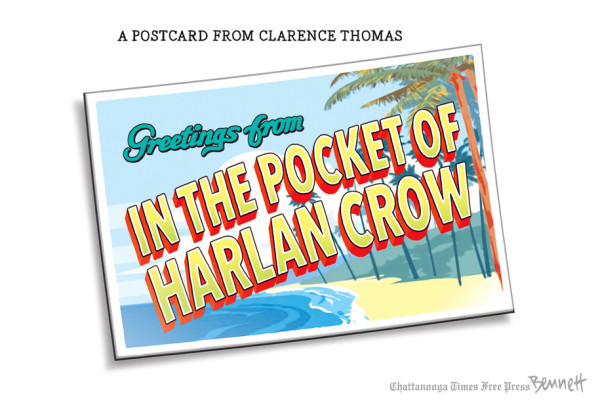 Image of postcard with ocean beach scene and palm trees.
Text:
A Postcard From Clarence Thomas
Greetings from in the pocket of Harlan Crow