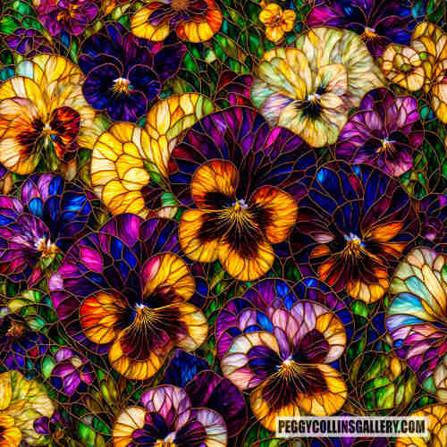 Colorful artwork of pansies with a stained glass effect, by artist Peggy Collins.