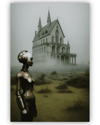 Robot woman in steampunk style.  A surrealistic house in the background.