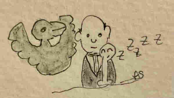 AutoALT: A sketch of a person with a bald head, standing next to a smaller figure, possibly a child (or a microphone?), with a ghostly bird-like figure on the left and "zzz" indicating sleep above the smaller figure.