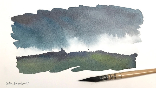 Small watercolor sketch of a dark cloud raining down over a green and blue hill.