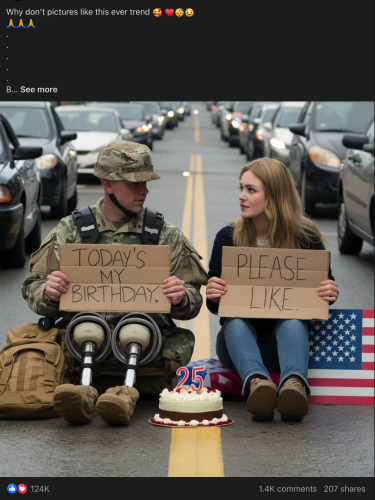 "Michael Collins" posts on facebook
"Every bit of encouragement counts ❤️ Spreading positivity one step at a time 🌈 Today is my birthday, I just want to wish🥰 ❤️😴😢 🙏🙏🙏"

This image has 124,000 likes

AI generated image of a young white US solider with two artificial legs sitting next to a pretty young white woman (blonde, slender, nice makeup in jeans and simple shirt) in the middle of traffic jam each holding cardboard signs. His sign says 'Today's my birthday' her sign says 'please like'

There is a cake with number candles "25" on the wet pavement in front of them. The girl is sitting on an American flag with 11 stripes. 

They look at each other. Maybe it's supposed to be a little romantic? (it's not "supposed" to be anything it's a machine hallucination... I feel sick)