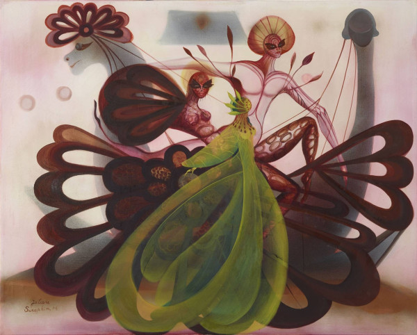 Painting of fantastical insect-human hybrid figures posing with large green and maroon wings against a light background