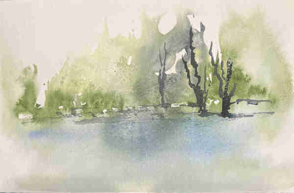 This is a watercolor doodle. There’s a green sky, very wet and dripping. Three black trees rise out of a river bank. 