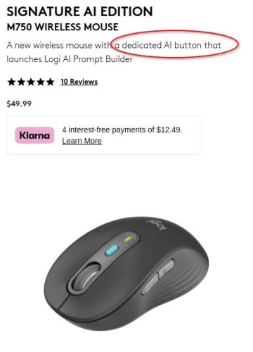 An add selling a computer mouse with an AI button that launches an AI prompt builder. 