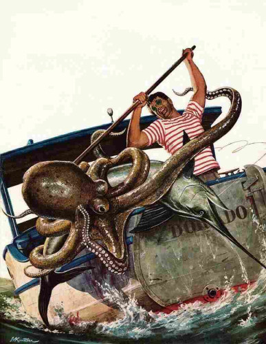 Mort Künstler cover art for the Stag magazine story “The Strangler Came Out of the Sea,” 1955. A desperate-looking, unshaven sailor alone on a boat fights back a giant octopus with a long pole.