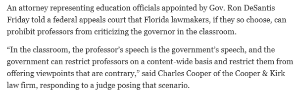 Lawyer representing Fla. education officials argues that "the government can restrict professors on a content-wide basis and restrict them from offering viewpoints that are contrary" to its own position.