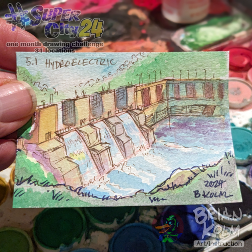 a trading card sized pen and watercolor image of a hydroelectric plant for the fictional city of Heathburge, CA