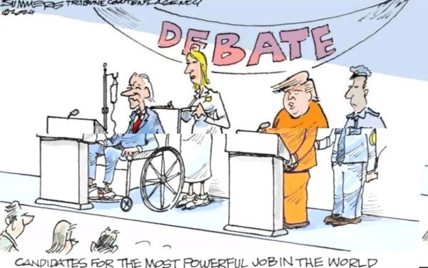 cartoon with banner DEBATE on top. 

Biden in Wheelchair and a nurse behind, Trump in prison clothes with a police behind 