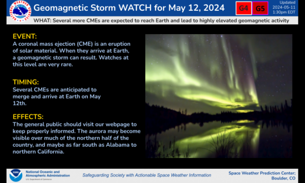 “Several CMEs are anticipated to merge and arrive at Earth on May 12…. The aurora may become visible as far south as Alabama to northern California”