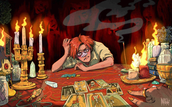 Illustration.
Otto is having a tarot card reading that doesn't look promising. We see him leaning heavily on the table with one hand in his hair and a worried expression. There are candles at both sides of the table, the only source of light illuminating various quartz and trinkets on the table.
Behind Otto is a very dark background with red ghostly apparitions looking over his shoulder.