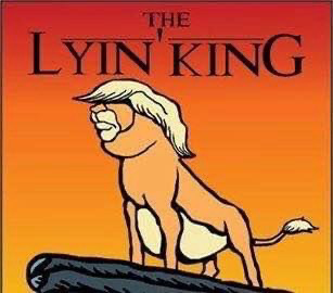 A lion on a mountain ledge with mane combed in Trump fashion (a la Lion King movie). Header reads Lyin’ King 