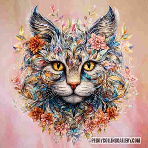 Artwork of a pretty Maine Coon cat covered in flowers and foliage in pretty pastel colors, by artist Peggy Collins.