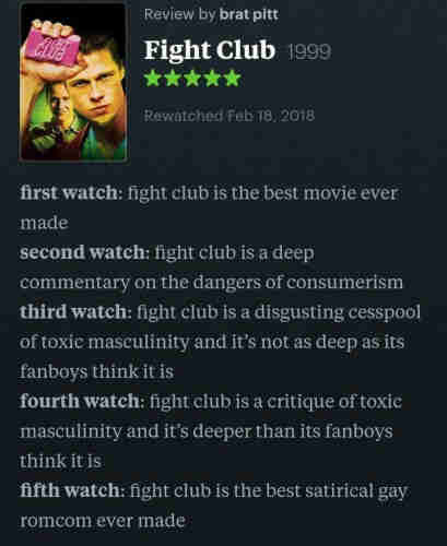 Review by brat pitt 
Fight Club 1999
Rewatched Feb 18, 2018 

first watch: fight club is the best movie ever made 

second watch: fight club is a deep commentary on the dangers of consumerism 

third watch: fight club is a disgusting cesspool of toxic masculinity and it’s not as deep as its fanboys think it is

fourth watch: fight club is a critique of toxic masculinity and it’s deeper than its fanboys think it is

fifth watch: fight club is the best satirical gay romcom ever made 