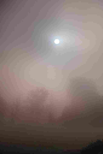 Disk of the sun visible through thick fog covering a river valley back in September 