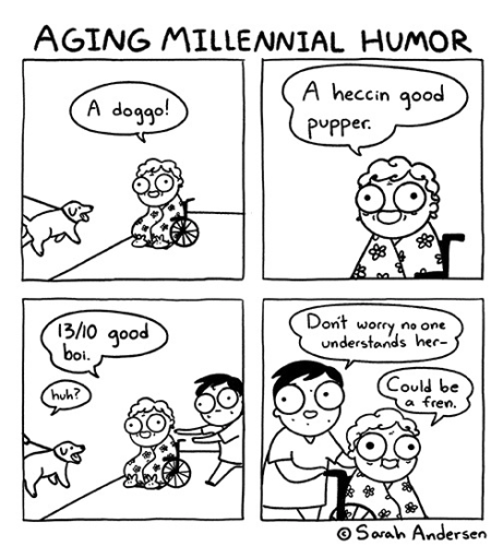4-panel cartoon.

Panel 1: Elderly woman in a wheelchair sees a dog, and says 'A doggo!"

Panel 2: Elderly woman continues 'A heccin good pupper'

Panel 3: Elderly woman asserts, '13/10 good boi', as the dog's owner says, 'huh'. A medical orderly with acne (indicating youth) comes to fetch her wheelchair.

Panel 4: Medical orderly says 'Don't worry, no one understands her.' Elderly woman continues, 'could be a fren.'