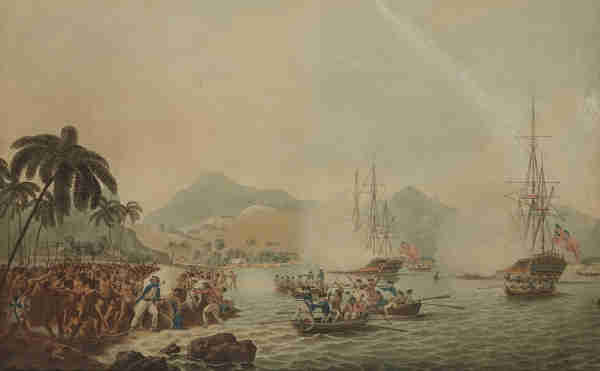 Painting, Death of Captain Cook by eyewitness John Webber. Shows Cook and his men, in blue uniforms, fighting back with gunfire, as Indigenous Hawaiians attack with knives and staffs. By John Webber - http://tpo.tepapa.govt.nz ; o quadro se encontra na galeria William Dixson em Sydney., Public Domain, https://commons.wikimedia.org/w/index.php?curid=11602231